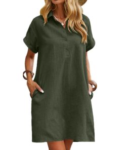 Robe chemise d'été en lin pour femme, pour plage et loisirs, avec poches et manches courtes