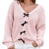 Pull à manches longues pour femme léger avec col en crochet et nœud, confortable, tendance, mode, chaleur, hiver, automn