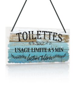 Pluto Decor - Plaque Toilettes Humoristique en Bois Vieilli Bleu Usage Limité à 5 Min Style Vintage