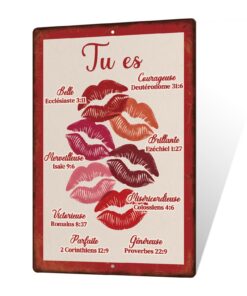 Plaque métal biblique courageuse brillante – Déco murale religieuse femme – Versets français chambre cadeau chrétien