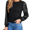 CUPSHE Haut à manches longues pour femme tendance, tricoté avec manches bouffantes en cuir synthétique, design contrasté