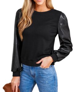 CUPSHE Haut à manches longues pour femme tendance, tricoté avec manches bouffantes en cuir synthétique, design contrasté