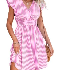 CUPSHE Mini robe d'été pour femme rayée col en V manches flottantes taille smockée