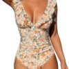 CUPSHE Maillot une pièce froncé à col V et volants - Tissu élastique et confortable pour femme, idéal plage et mariage