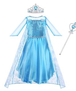 Robe Elsa Princesse Vicloon pour Enfant, Deguisement Reine des Neiges avec Baguette Magique et Couronne, Taille 6-12 ans