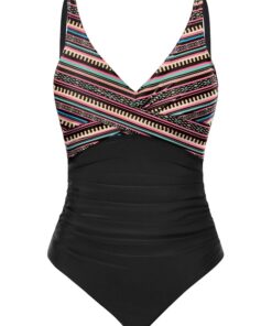 CMTOP Maillot de Bain Femme 1 Pièce Col V Push-Up Contrôle Ventre Amincissant Monokini Ruché Écologique Global Recycled