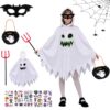 Déguisement Fantôme Enfant Lumineux pour Halloween, Costume Fantôme Blanc avec Capuche et Accessoires, Cosplay Garçon Fi