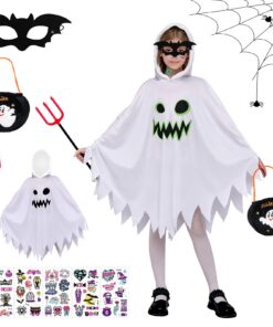 Déguisement Fantôme Enfant Lumineux pour Halloween, Costume Fantôme Blanc avec Capuche et Accessoires, Cosplay Garçon Fi