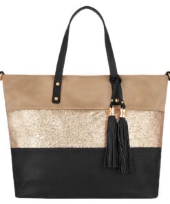 CRAZYCHIC Sac à Main Paillette Femme - Noir - Grande Capacité - Pour Shopping Cours Travail Plage - Sac Souple Cuir PU M