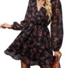 CUPSHE Robe en mousseline de soie imprimée florale manches longues taille élastique automne femme élégante moderne L
