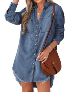 CUPSHE Chemise Denim Effiloché Femmes Casual Classique Manches Longues Blouse_Modeleine