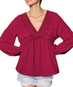 CUPSHE Haut élégant en dentelle rouge pour femme - Manches longues - Col en V