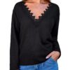 CUPSHE Chemisier à manches longues et col en V pour femme - Élégant et doux - Idéal pour le bureau - Polyester - M - Bla