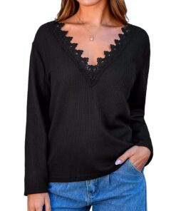 CUPSHE Chemisier à manches longues et col en V pour femme - Élégant et doux - Idéal pour le bureau - Polyester - M - Bla
