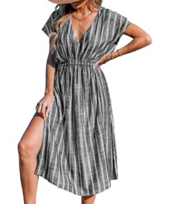 CUPSHE Robe mi-longue à rayures pour femme - Vêtement de plage décontracté - Tailles XS à XXL CUPSHE Robe mi-longue av