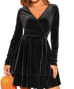 Robe patineuse évasée femme automne 2023 en velours V col longue manche taille élastique mini tendance