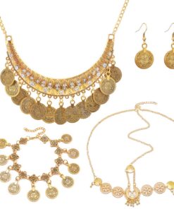 Hifot 4Pcs Bijoux Femme Danse du Ventre Indienne Bollywood Collier Doré Bracelet Chaîne de Tête Boucles D'Or Costume Dan