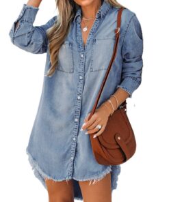 CUPSHE Chemise Femme en Denim Effiloché Manches Longues Classique Tunique Casual Vegan Friendly Lightweight Stretch