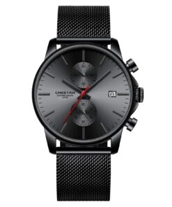 Montres Affutées Homme Mode Sport Quartz Analogique Noir Maille Acier Inoxydable Étanche Chronographe Auto Date en Aigui
