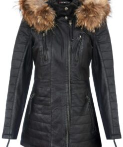 Infinity Leather Veste Parka Femme En Cuir Trench Manteau À Capuche Amovible Et Matelassé - Ravissante pour la Mode Élég