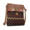 Sac Bandoulière Ethnique Bohème en Toile Vintage Brun Clair pour Femme avec Pompons