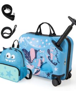 Valise DREAMADE enroulante 18" et sac à dos mixte 12" bleu dinosaure, résistant à 58KG pour enfants 3 ans et plus