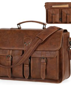 RAINSMORE Sac 18 Pouces pour Ordinateur Imperméable - Sac Homme Bandoulière en PU Cuir Artificiel Marron pour Affaires &
