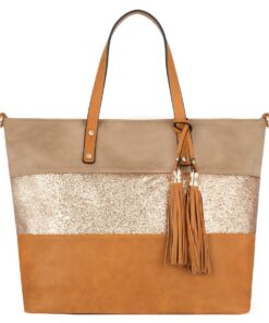 CRAZYCHIC Sac à Main Paillette Femme Marron Camel - Grande Capacité Voyage Shopping Cours Travail - Usage Multifonctionn