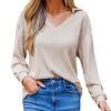 CUPSHE Chemisier tricoté à manches longues et col en V pour femme confortable et chic Coupe décontractée