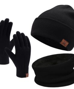 Bequemer Ladensachen Hommes Femmes Hiver Chaud Bonnet Gants Tactiles Écharpe Tricoter Ensembleavec Doublure Polaire Cade