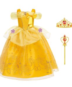 BSBUY Déguisement de Princesse Belle pour Enfant en Anniversaire et Fête Partie, Robe avec Couronne et Baguette Magique,