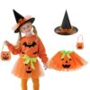 Déguisement Halloween Enfant Fille : Tutu Sorcière Robe Citrouille, Cosplay Costume Halloween Enfant 30 cm, Sac et Chape