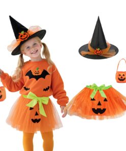 Déguisement Halloween Enfant Fille : Tutu Sorcière Robe Citrouille, Cosplay Costume Halloween Enfant 30 cm, Sac et Chape