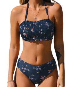Ensemble Bikini CUPSHE Bleu Marine Motif Floral Dos Nu XL Maillot de Bain Amovibles Bretelles Volants Deux Pièces