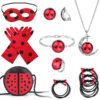 Masque Gants Sac Elastique Cheveux Collier Bracelet Bague Boucle d'oreille Déguisement Ladybug Set Enfant Fille Hallowee