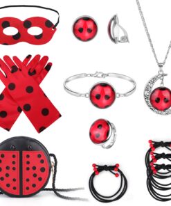 Masque Gants Sac Elastique Cheveux Collier Bracelet Bague Boucle d'oreille Déguisement Ladybug Set Enfant Fille Hallowee