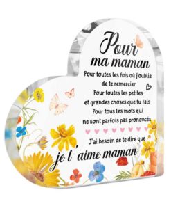 Putuo Decor - Panneau Acrylique Cœur pour Ma Maman Je T'Aime – Citation Touchante avec Fleurs – Cadeau de Table pour la