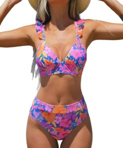 [CUPSHE Maillot de bain 2 pièces pour femme | taille haute | imprimé fleuri | encolure en V | promo été] [CUPSHE Maill