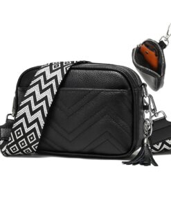 Sac bandoulière KUNKUN Femme en Cuir Noir pour Femmes avec Porte-Monnaie et Bandoullières Large de 5 cm
