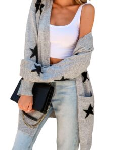 [CUPSHE Couettes à Manches Longues Motif Étoile Gris Mode] + [Tricot Ouvert sur Le Devant] + [Femme Usage en Hiver] + [M