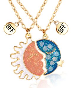 Hifot Collier d'Amitié Or 2 Pièces pour Filles, Collier BFF Femme Lumineux Coeur Collier Soleil Lune Pendentif Soeur Cad