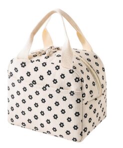 Sac à lunch isolant pour femme réfrigéré (Petites fleurs blanc cassé) Sac à main isolant en velours côtelé réfrigéré (