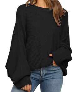 Pull Fessceruna surdimensionné à manches chauve-souris tricot pour femme - Col rond - Pull d'hiver chaud et confortable