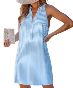 "Robe d'été sans manches V-encolure avec boutons rayés pour femme - Été 2023"