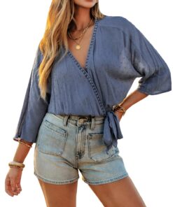 CUPSHE Chemisier léger à manches mi-longues en tissu pour femme Bleu acier Taille XL