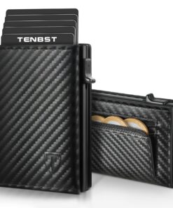 Portefeuille TenBST Noir Anti-Piratage avec Poche pour Cartes Bancaires - Cuir Carbone Bloquant RFID
