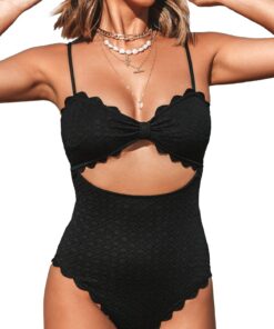 CUPSHE Maillot de Bain Une Pièce pour Femme Noir Réduction Décolleté Liseré Élégant Couleur Unique