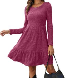 Zetieny Robe Femmes Tunique Mini Robe Manches Longues Casual Pull Robe A-Line à Col Rond pour Femme Hiver et Automne - C