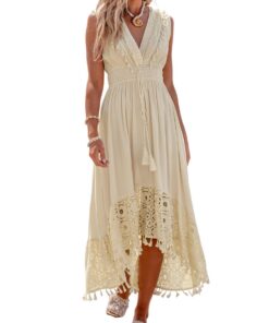 CUPSHE Robe d'été pour femme en V sans manches - Robe de plage longue taille smockée - Robe de loisirs légère et ample