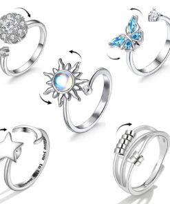 Hifot Anti Stress Bague Femelle Argent Fidget Anxiété Rotative, Relaxation pour Femme et Homme - 5 Pièces Ensemble Papil